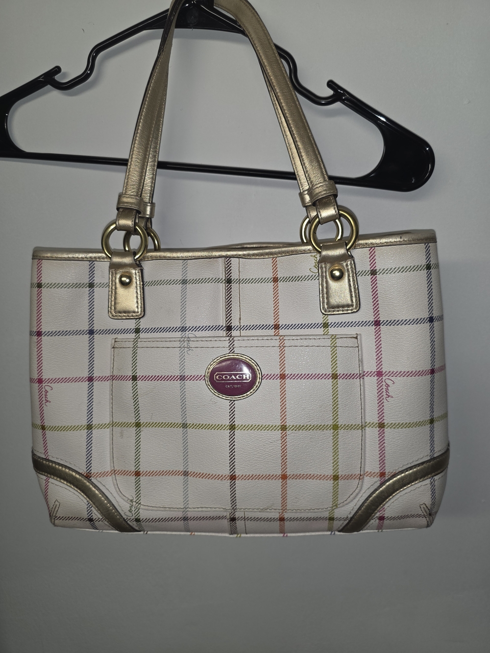 Coach Multicolor Plaid Tote Bag with Gold Trim